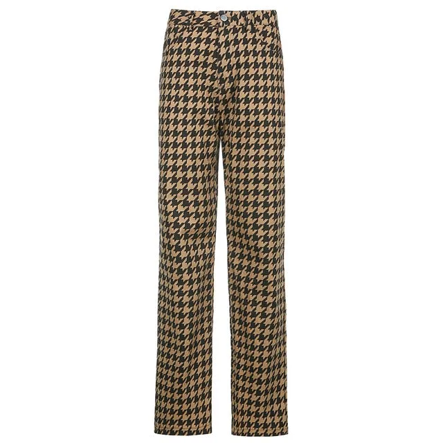 2021 HEYounGIRL Houndstooth Plaid Print Women High Waisted Long Trousers Sizes S- L