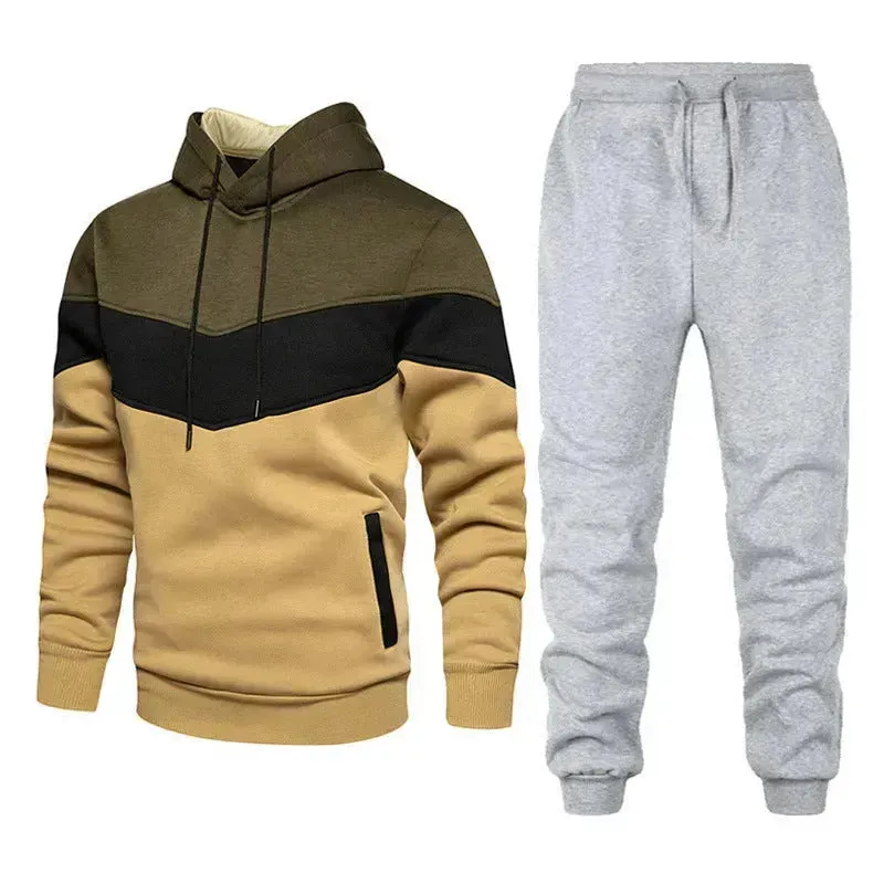 2pcs Winter Fashion Stitching Suit Outdoors Sports Suit Men's Sweatsuit Hoodie Outfit set