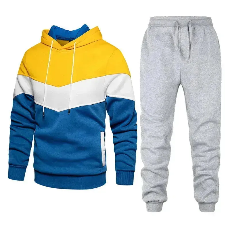 2pcs Winter Fashion Stitching Suit Outdoors Sports Suit Men's Sweatsuit Hoodie Outfit set