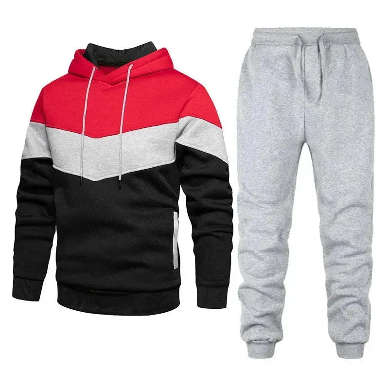 2pcs Winter Fashion Stitching Suit Outdoors Sports Suit Men's Sweatsuit Hoodie Outfit set