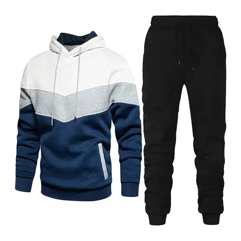 2pcs Winter Fashion Stitching Suit Outdoors Sports Suit Men's Sweatsuit Hoodie Outfit set