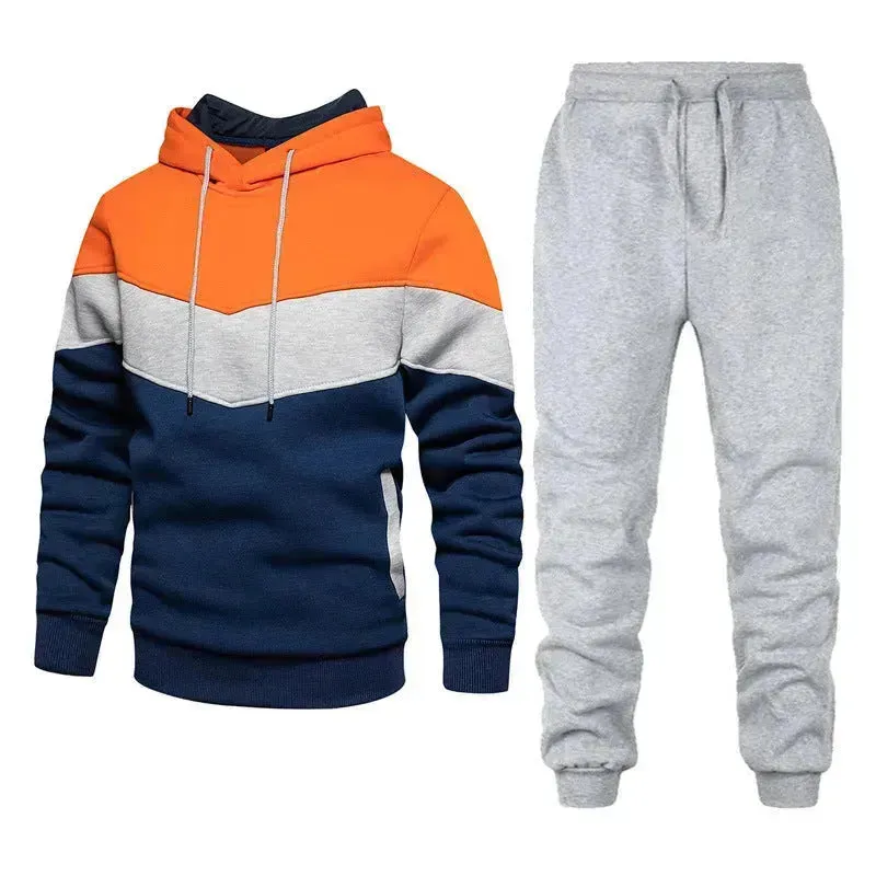 2pcs Winter Fashion Stitching Suit Outdoors Sports Suit Men's Sweatsuit Hoodie Outfit set