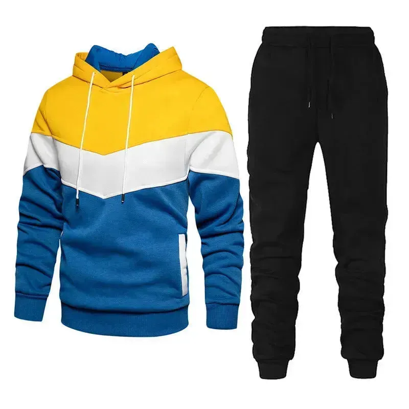 2pcs Winter Fashion Stitching Suit Outdoors Sports Suit Men's Sweatsuit Hoodie Outfit set