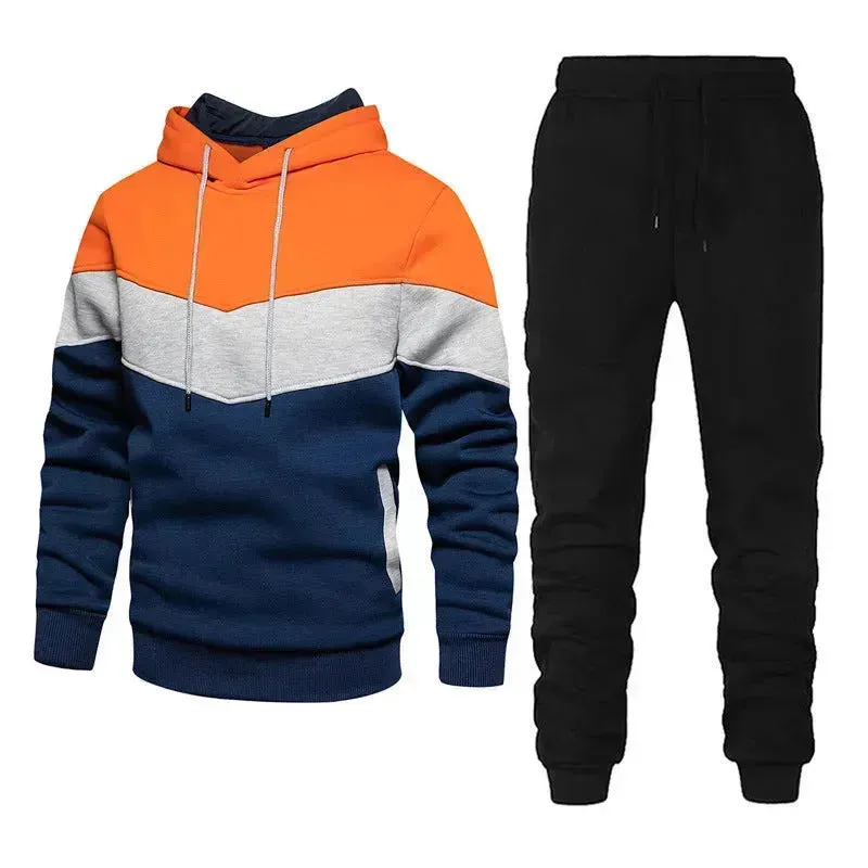 2pcs Winter Fashion Stitching Suit Outdoors Sports Suit Men's Sweatsuit Hoodie Outfit set