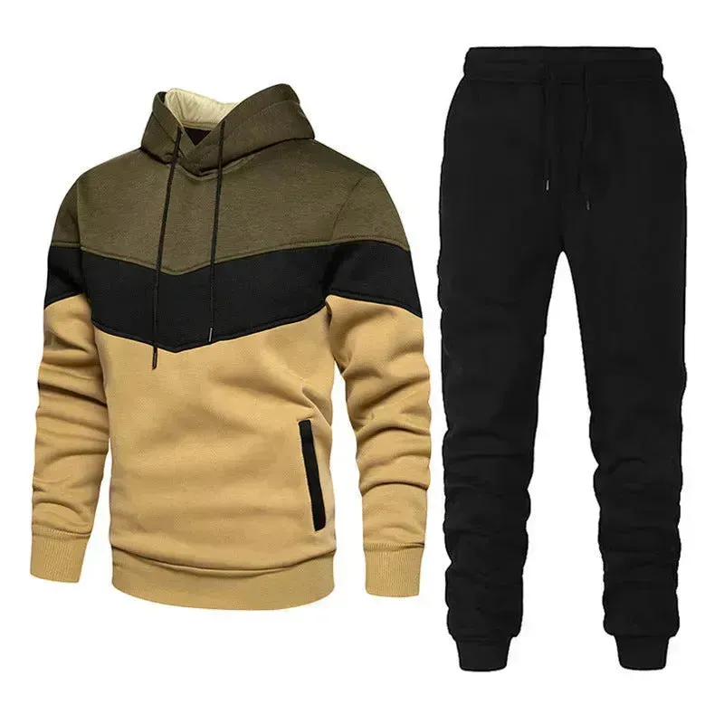 2pcs Winter Fashion Stitching Suit Outdoors Sports Suit Men's Sweatsuit Hoodie Outfit set