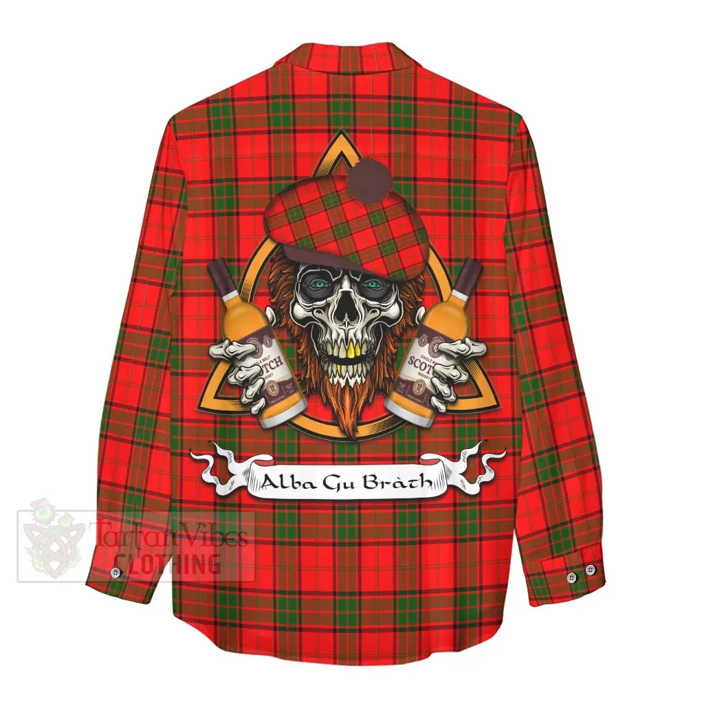 Adair Tartan Women's Casual Shirt with Family Crest and Bearded Skull Holding Bottles of Whiskey