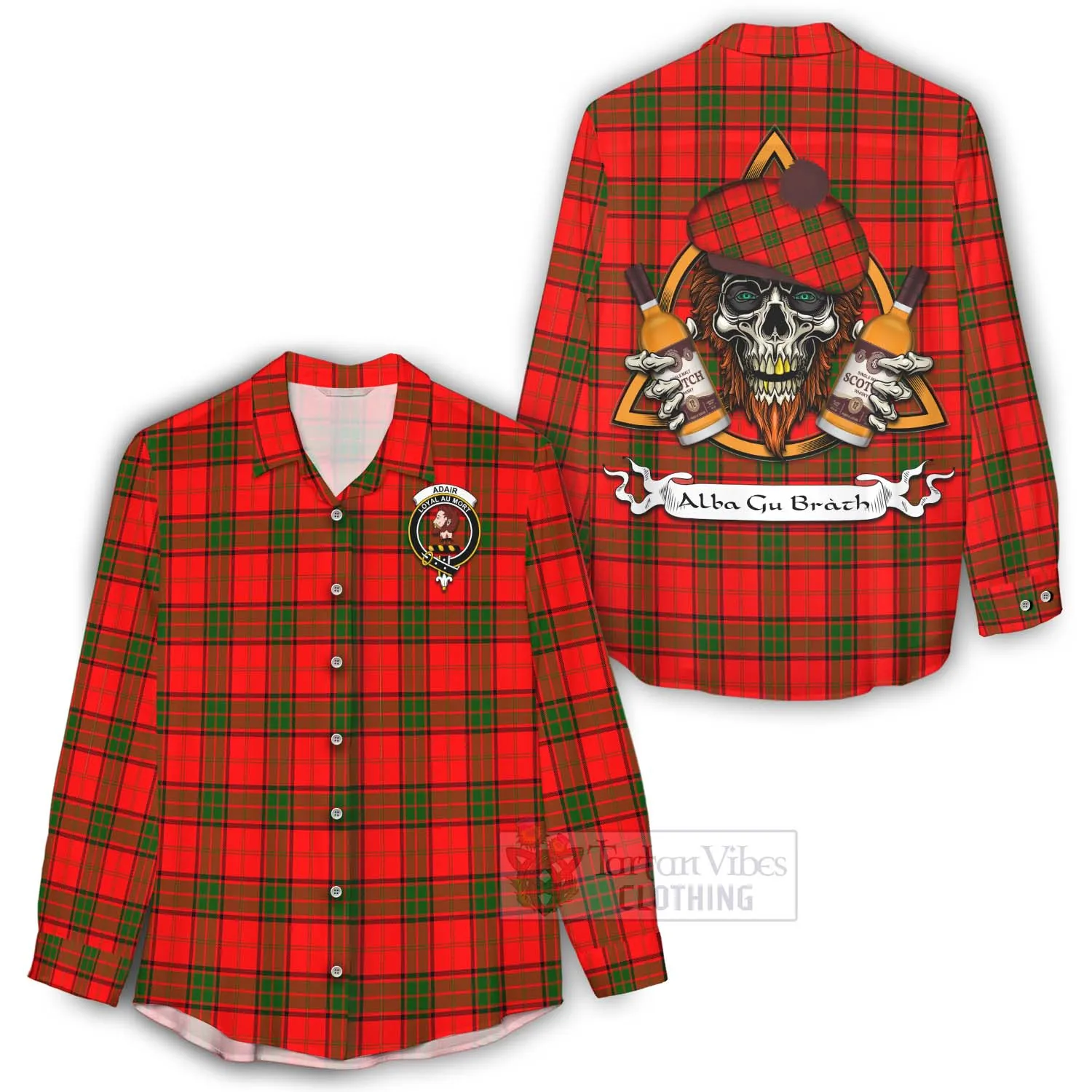 Adair Tartan Women's Casual Shirt with Family Crest and Bearded Skull Holding Bottles of Whiskey