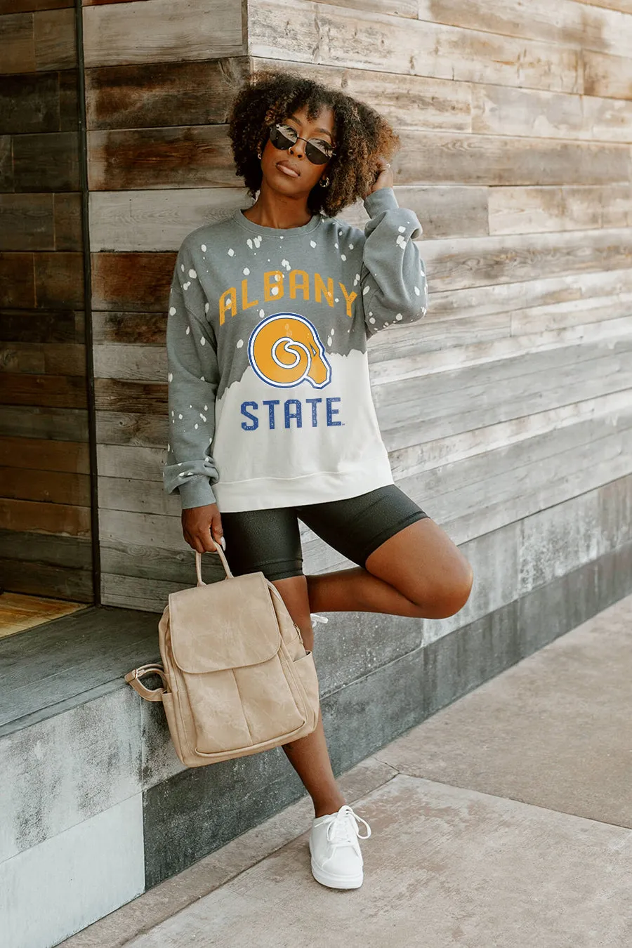 ALBANY STATE GOLDEN RAMS UPCYCLE AND VINTAGE FADED WASH CREWNECK PULLOVER