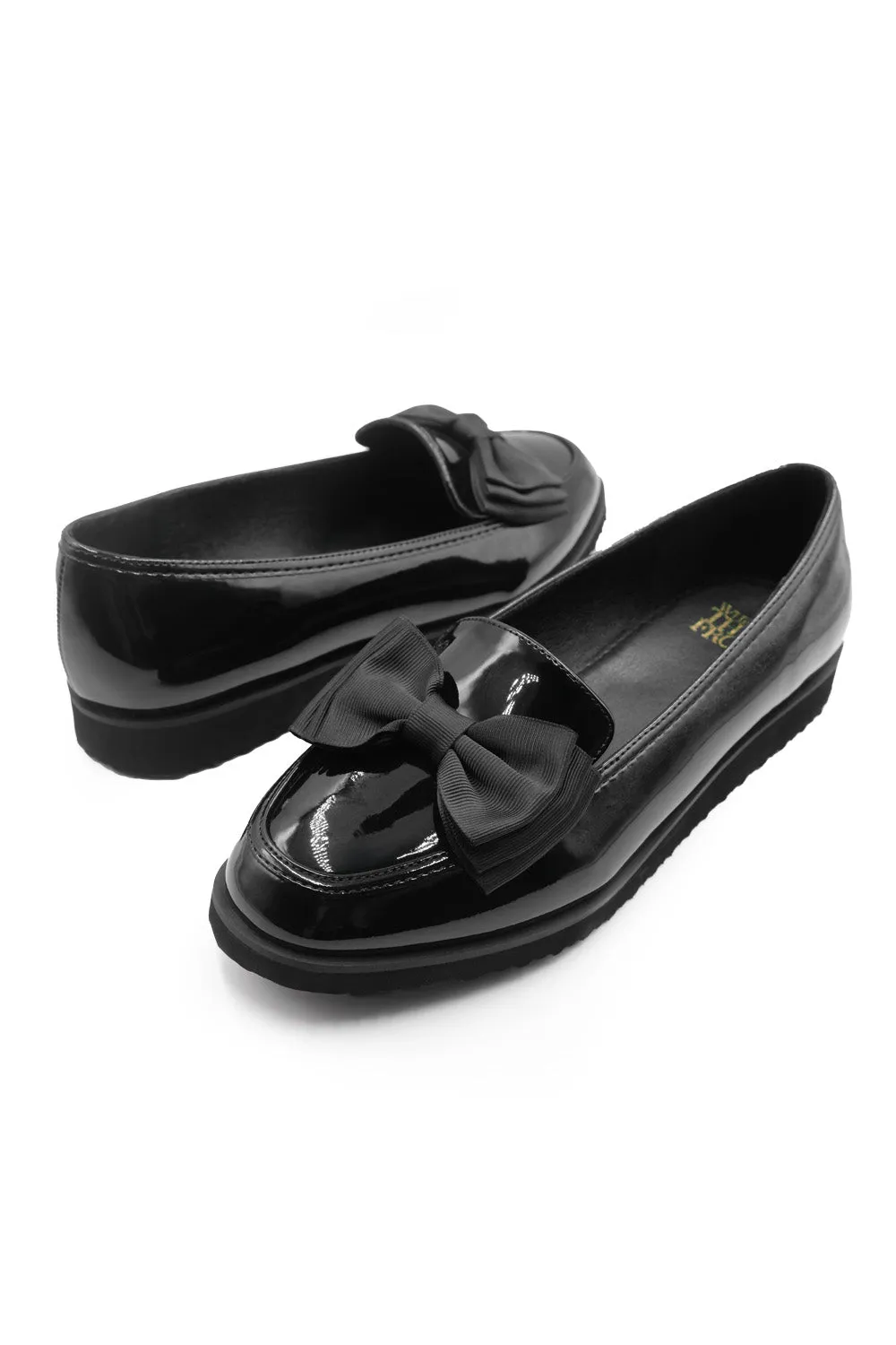 ALPHA SLIP ON LOAFER SLIDER WITH BOW DETAIL IN BLACK PATENT FAUX LEATHER