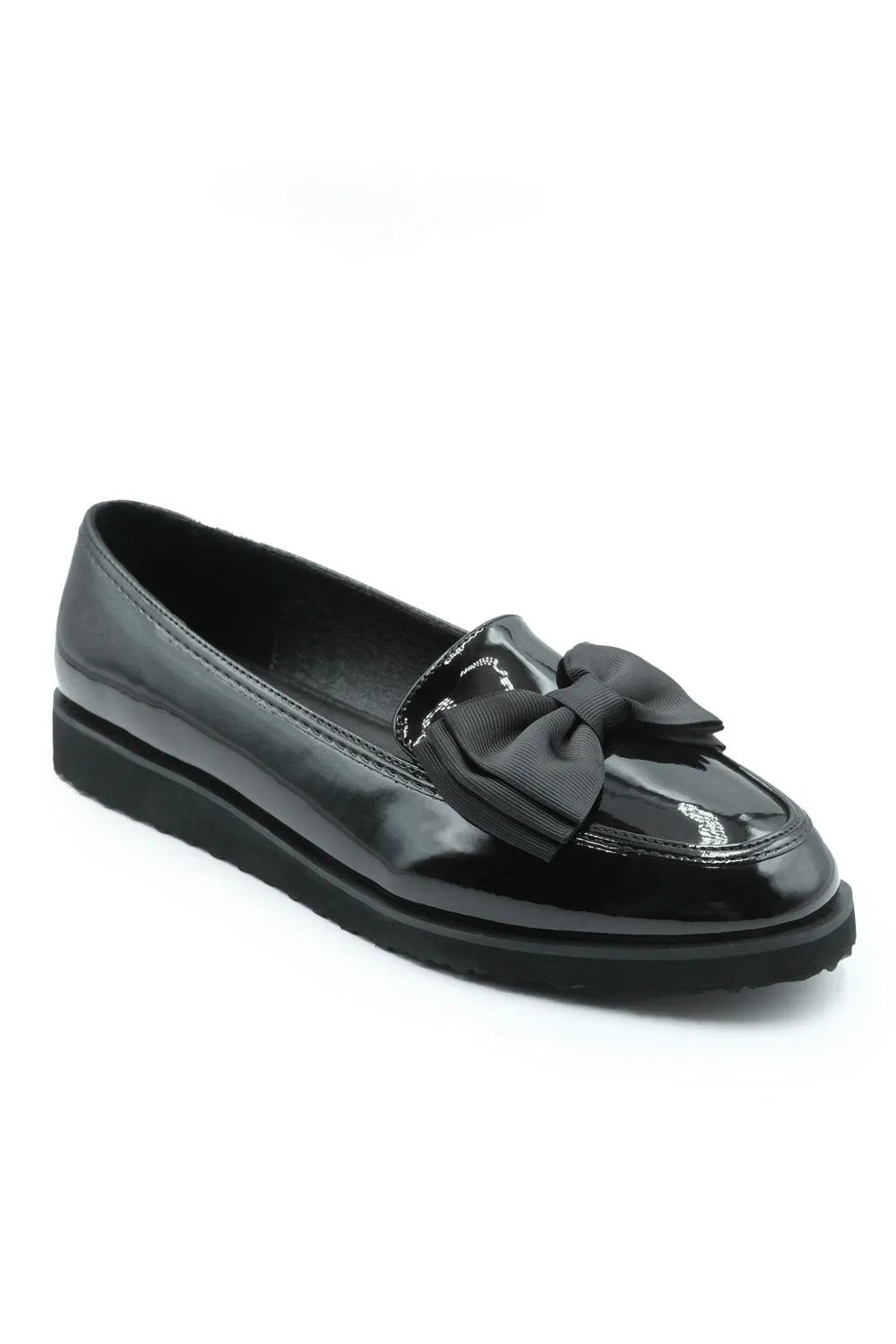 ALPHA SLIP ON LOAFER SLIDER WITH BOW DETAIL IN BLACK PATENT FAUX LEATHER