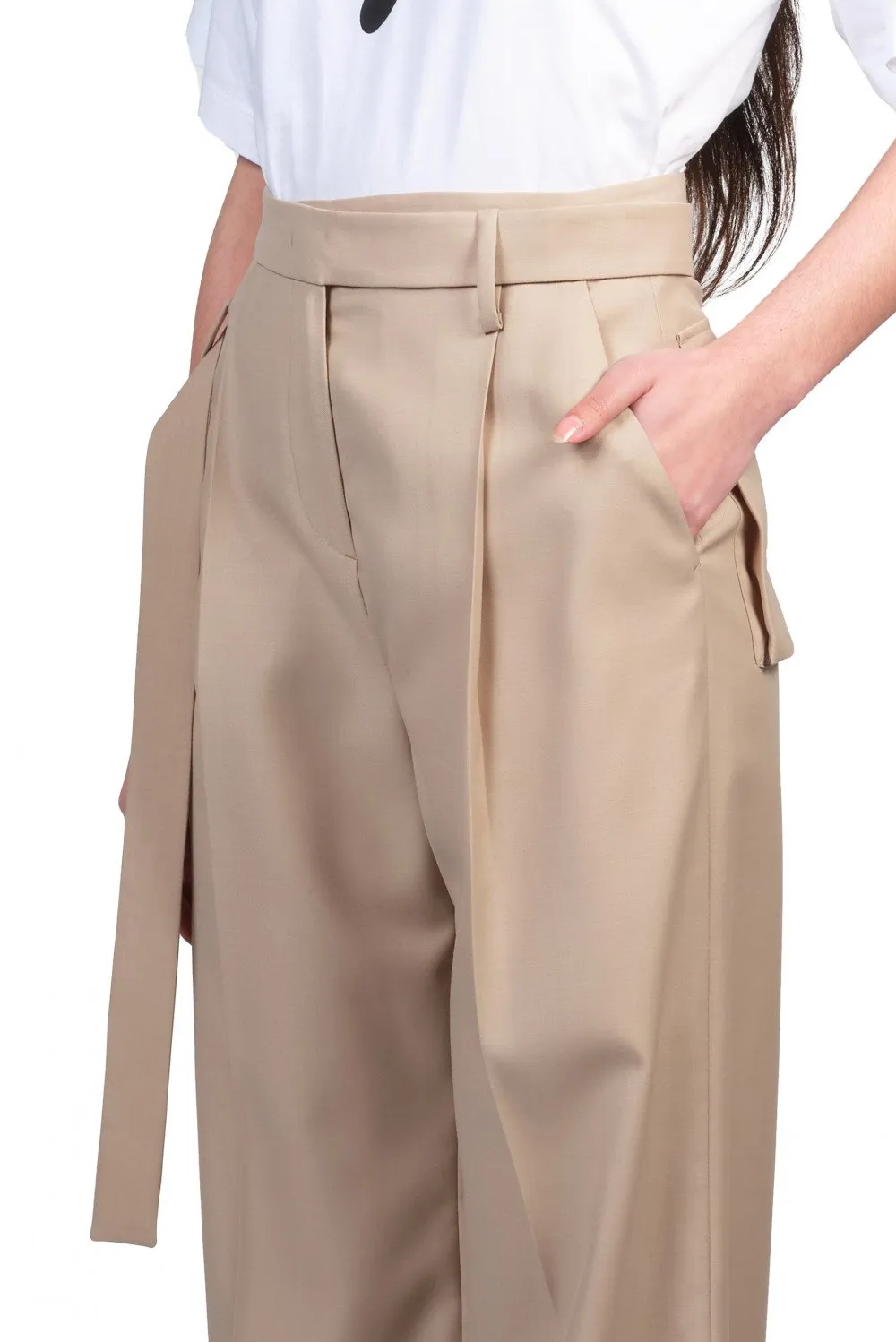 Beige Long Belted Trousers