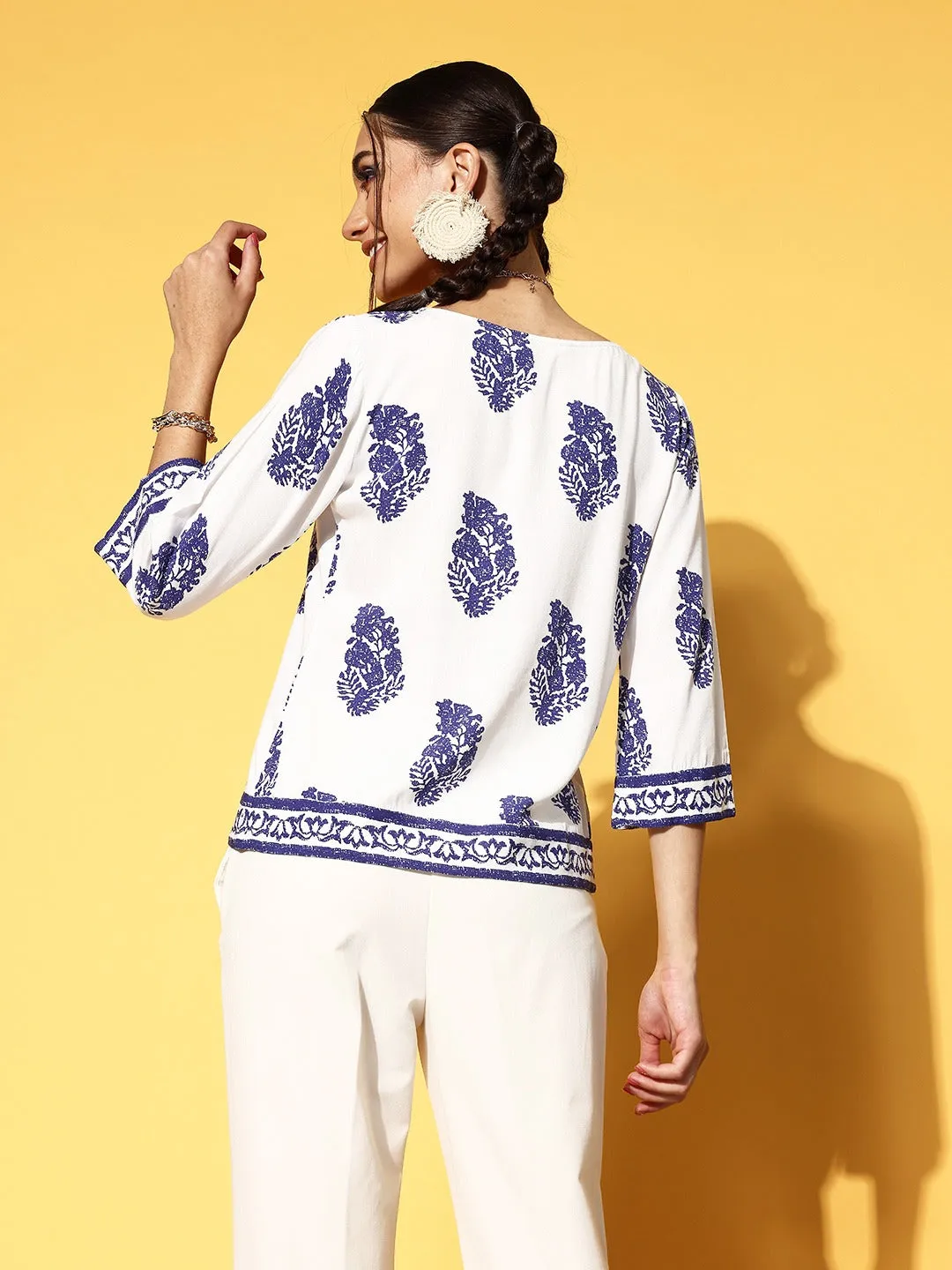 Berrylush Women White & Blue Paisley Printed Boat Neck Three-Quarter Sleeve Cotton Woven Regular Top