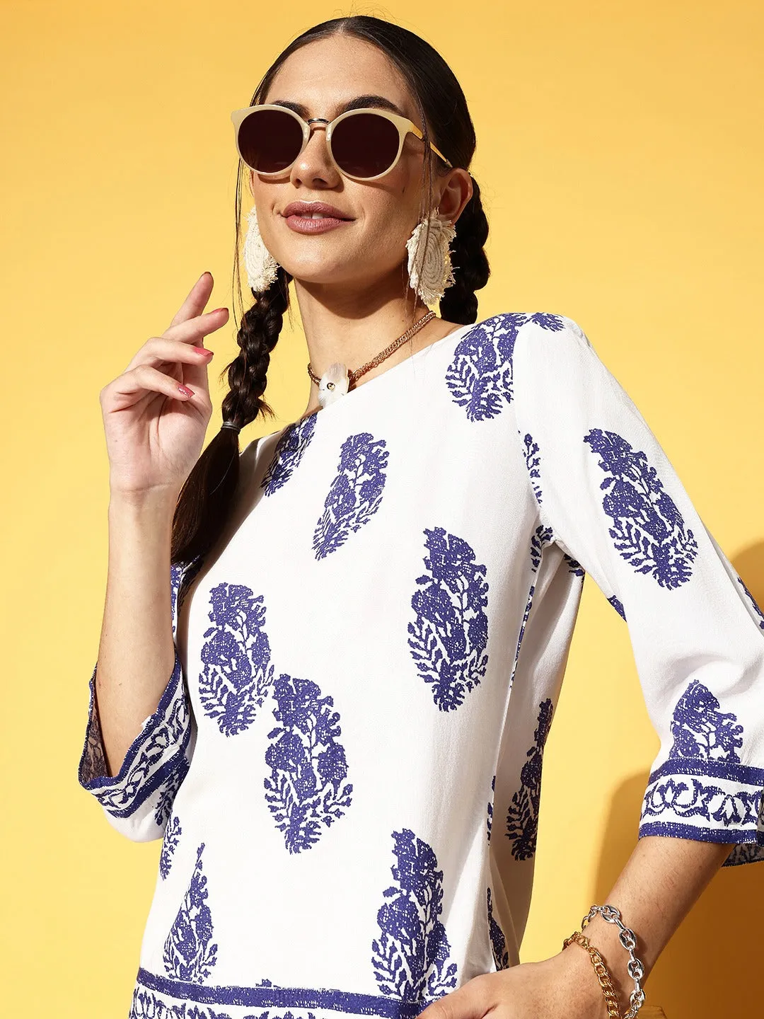 Berrylush Women White & Blue Paisley Printed Boat Neck Three-Quarter Sleeve Cotton Woven Regular Top