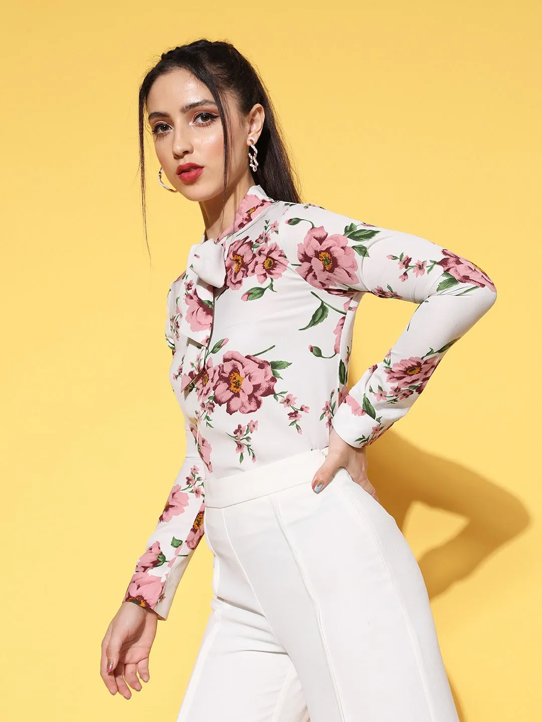 Berrylush Women White & Pink Floral Printed Tie-Up Neck Crepe Regular Top