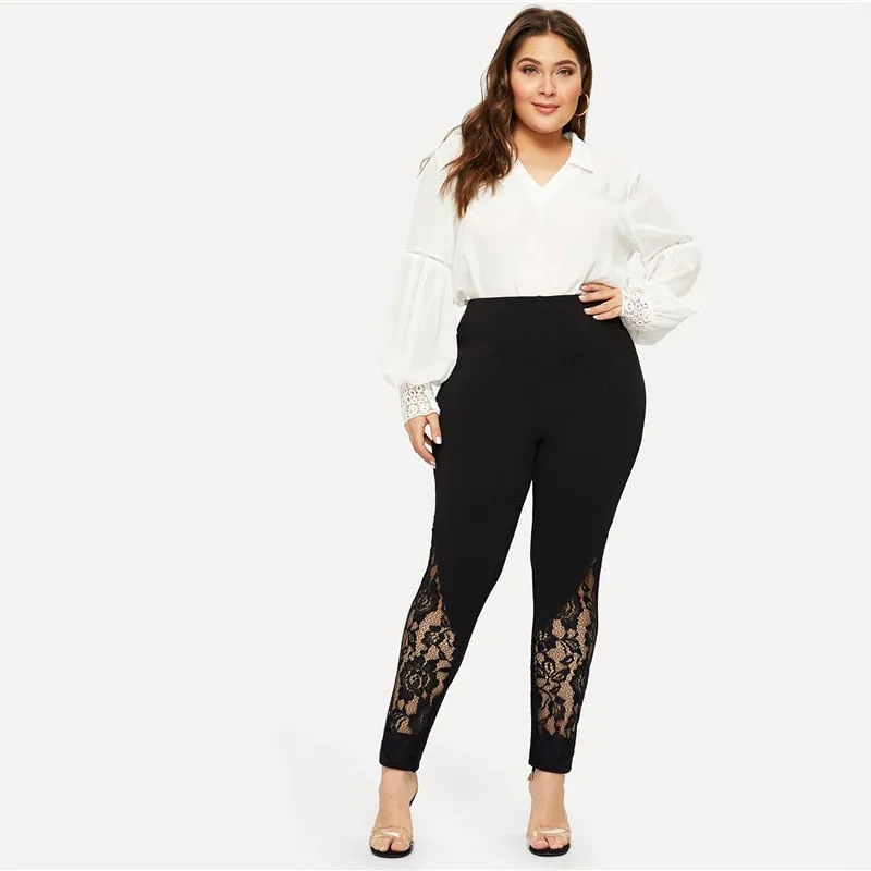 Black Casual Elastic Mid Waist Sheer Lace Insert Pencil Pants Slim Fit Skinny Trousers