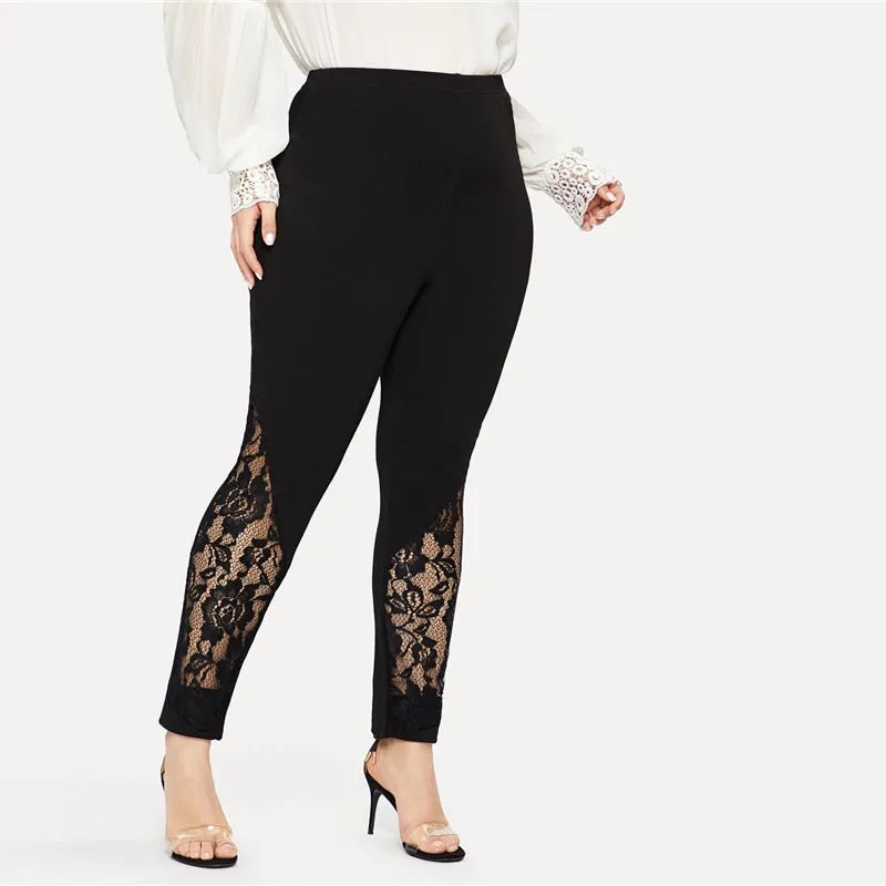 Black Casual Elastic Mid Waist Sheer Lace Insert Pencil Pants Slim Fit Skinny Trousers