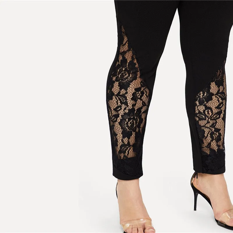 Black Casual Elastic Mid Waist Sheer Lace Insert Pencil Pants Slim Fit Skinny Trousers