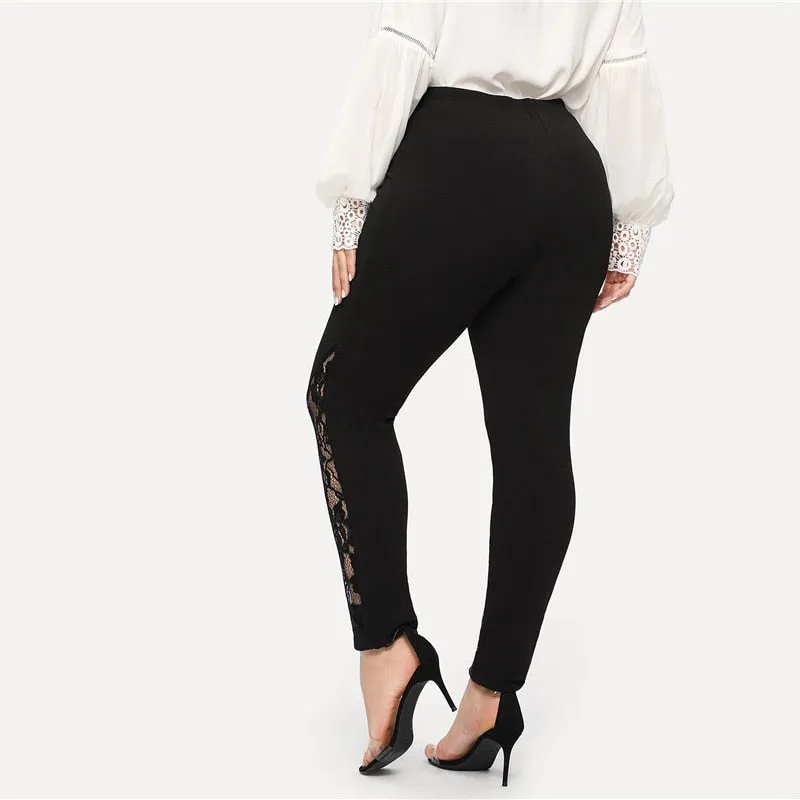 Black Casual Elastic Mid Waist Sheer Lace Insert Pencil Pants Slim Fit Skinny Trousers