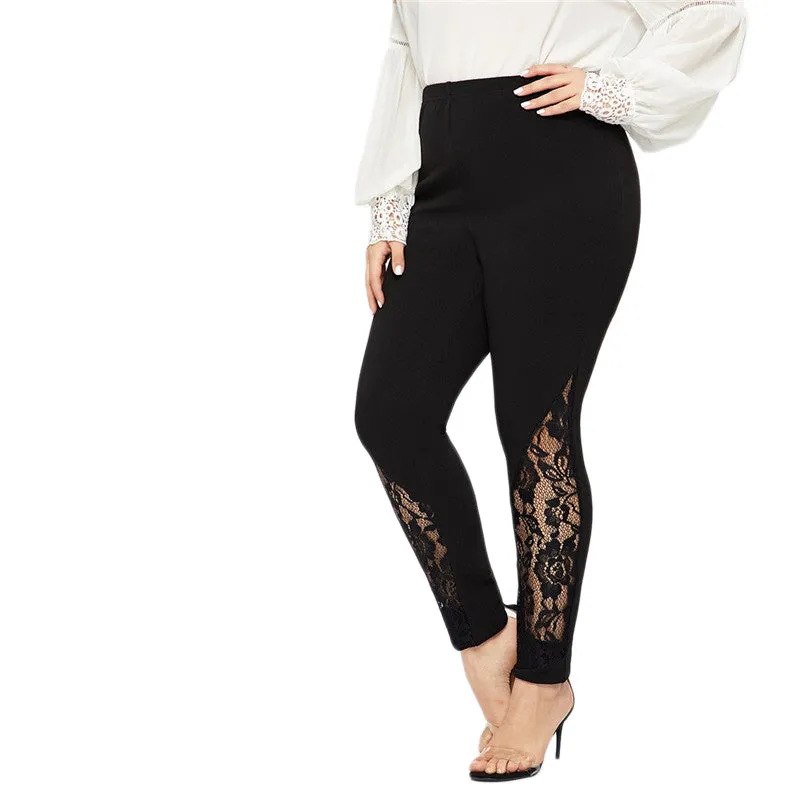 Black Casual Elastic Mid Waist Sheer Lace Insert Pencil Pants Slim Fit Skinny Trousers