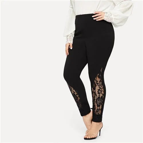 Black Casual Elastic Mid Waist Sheer Lace Insert Pencil Pants Slim Fit Skinny Trousers