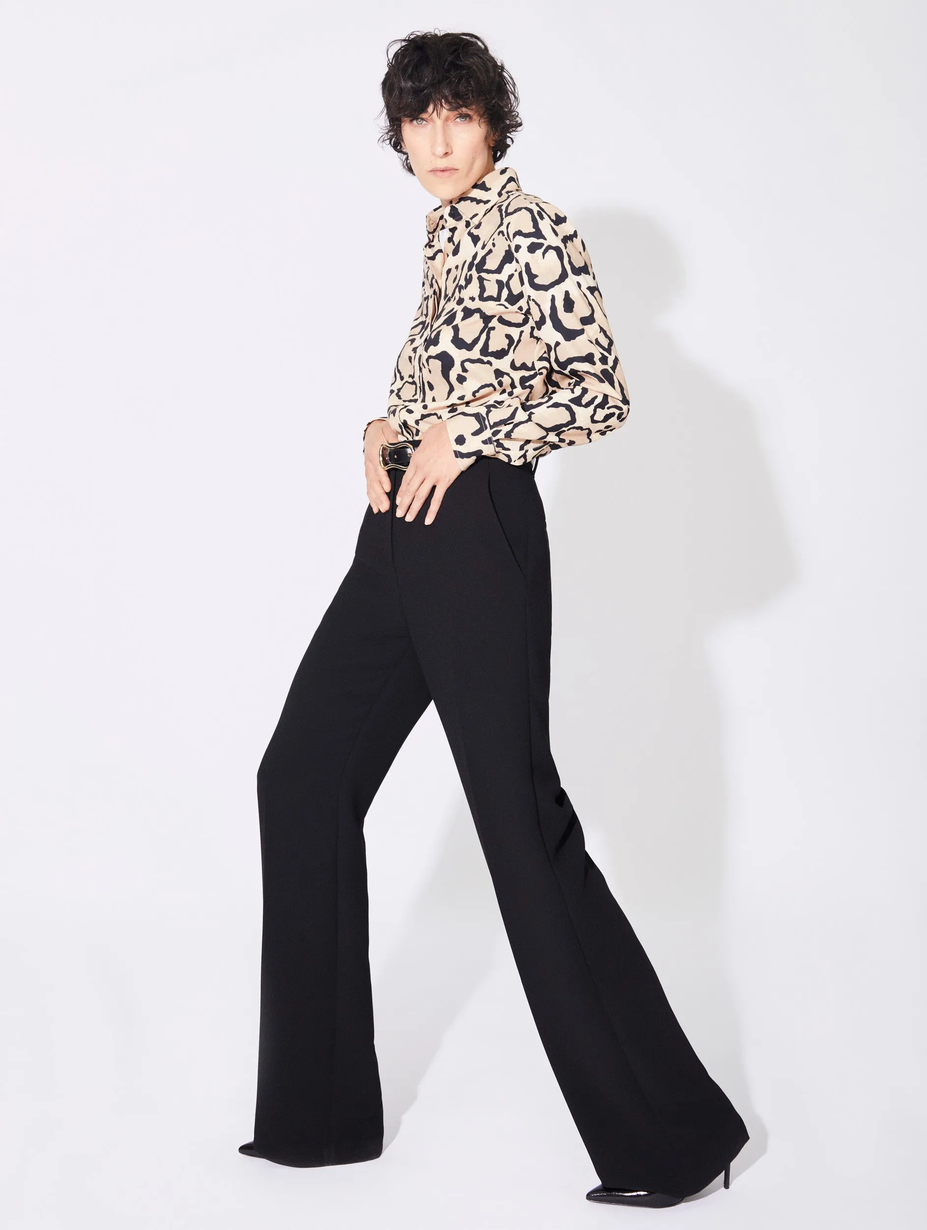 Black crepe high waisted flared trousers