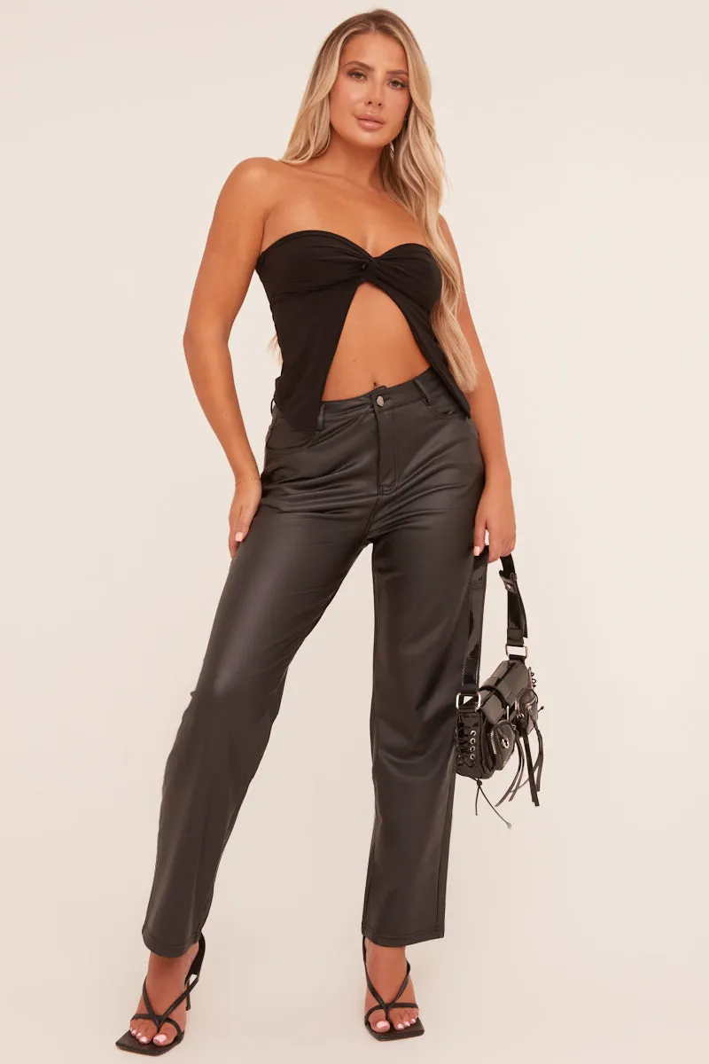 Black Faux Leather High Waist Straight Leg Trousers - Diva