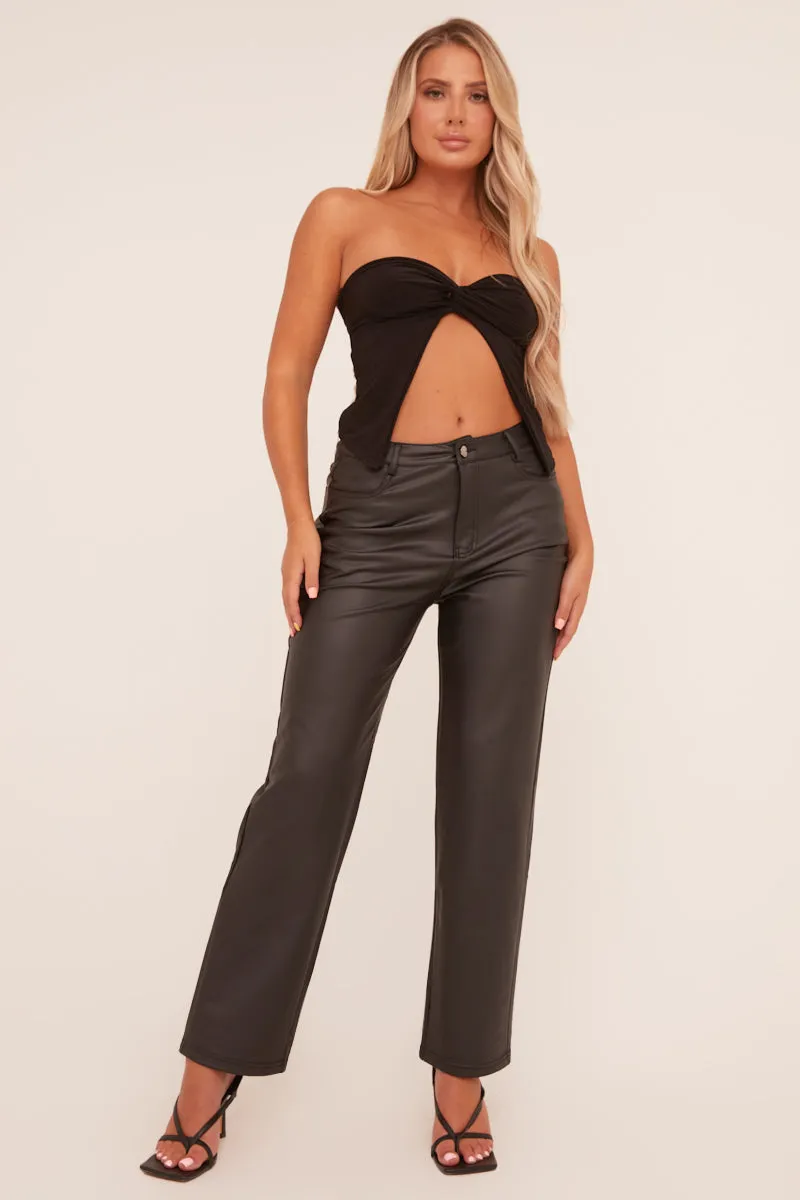 Black Faux Leather High Waist Straight Leg Trousers - Diva