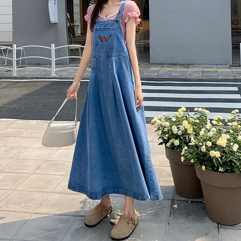 Blue Denim Midi Overall Dress