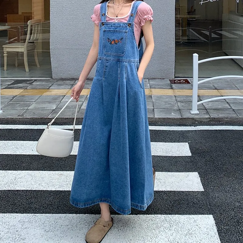 Blue Denim Midi Overall Dress