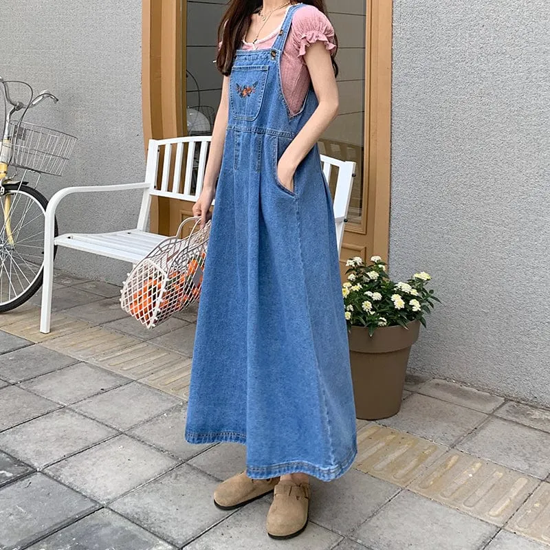 Blue Denim Midi Overall Dress