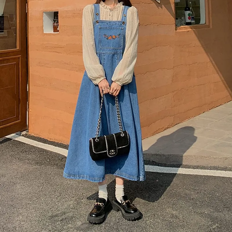 Blue Denim Midi Overall Dress