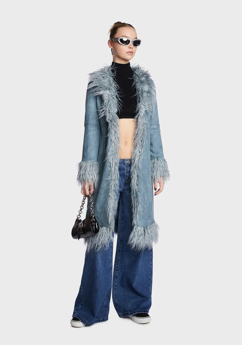 Blue Faux Fur Trimmed Coat