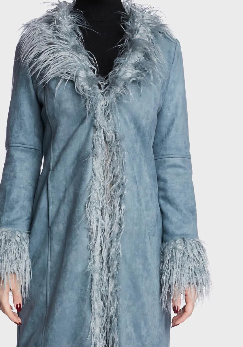 Blue Faux Fur Trimmed Coat