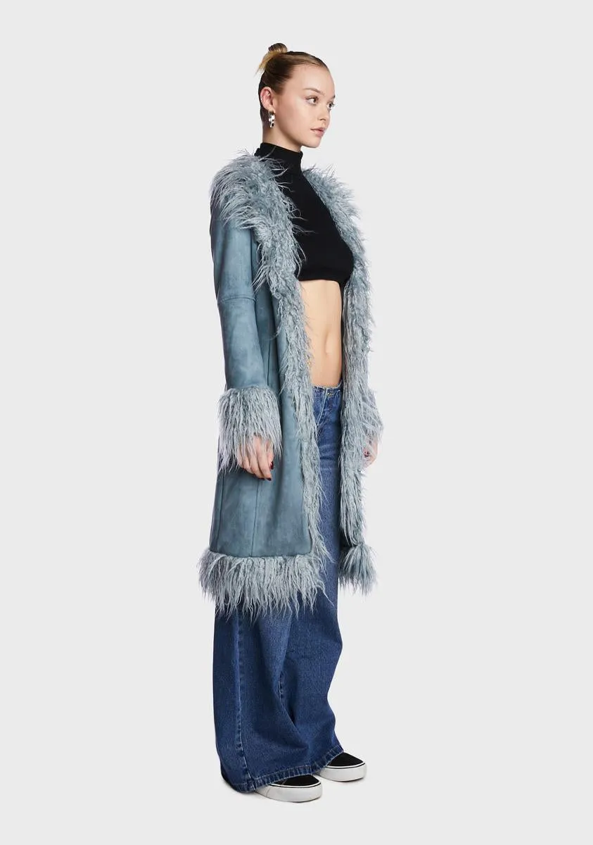 Blue Faux Fur Trimmed Coat