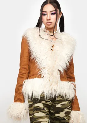 Brown Faux Fur Trim Coat