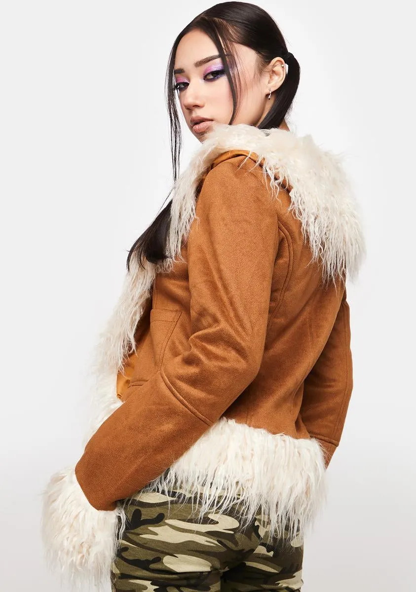 Brown Faux Fur Trim Coat