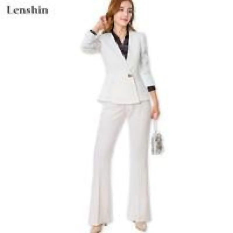 Business Formal Pant Suit V-Neck Jacket and Bell-bottom Trousers Suit