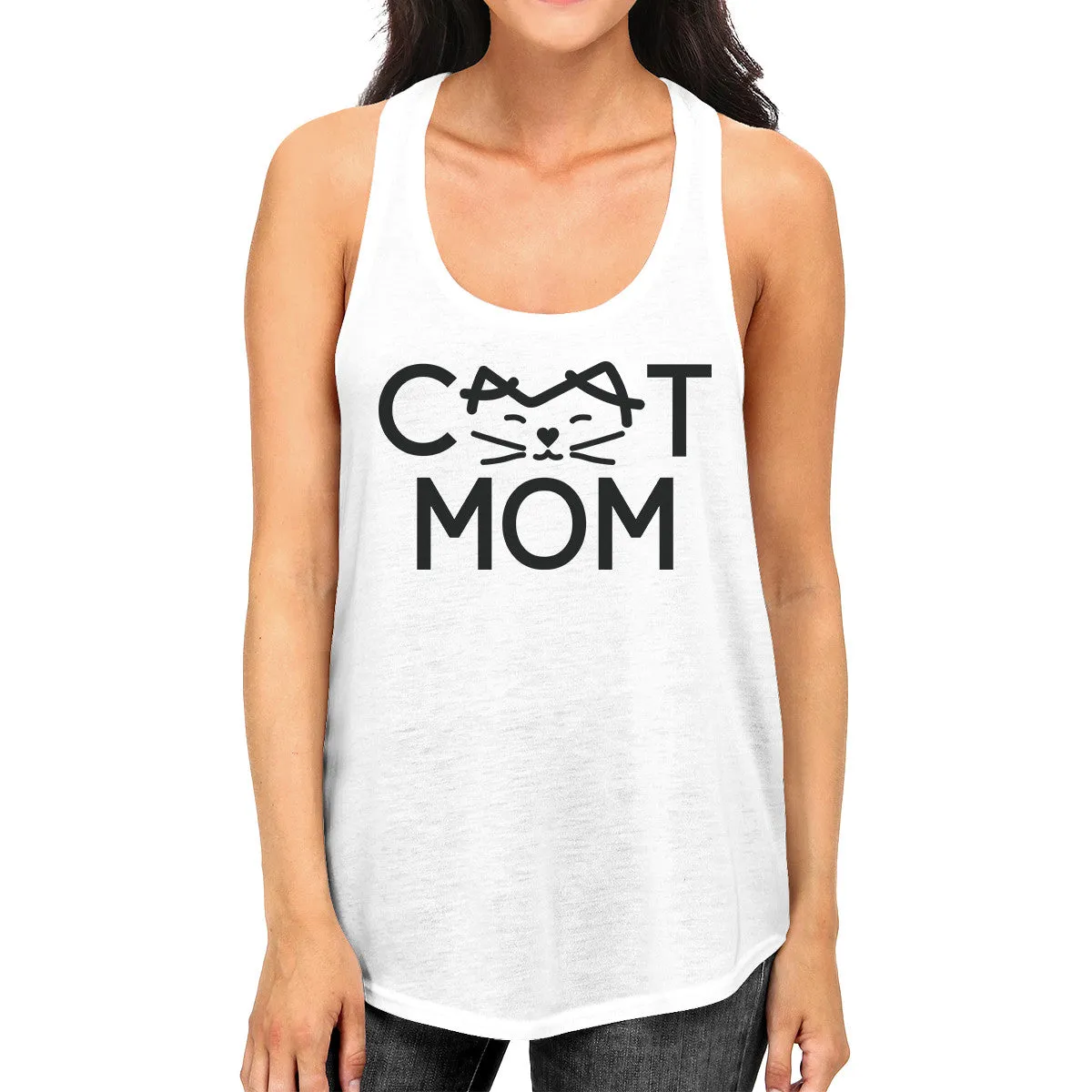 Cat Mom Women's White Cute Design Cotton Tanks Gifts For Cat Lovers