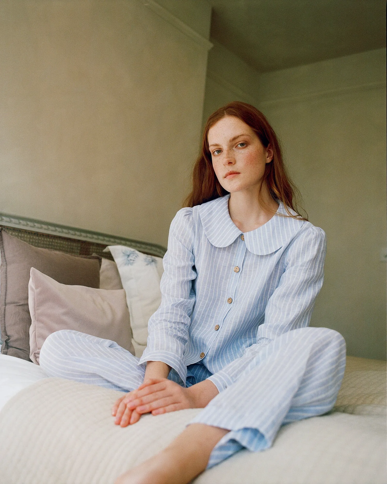 Claudine Linen Blouse in Baby Blue Stripe by Ma   Lin