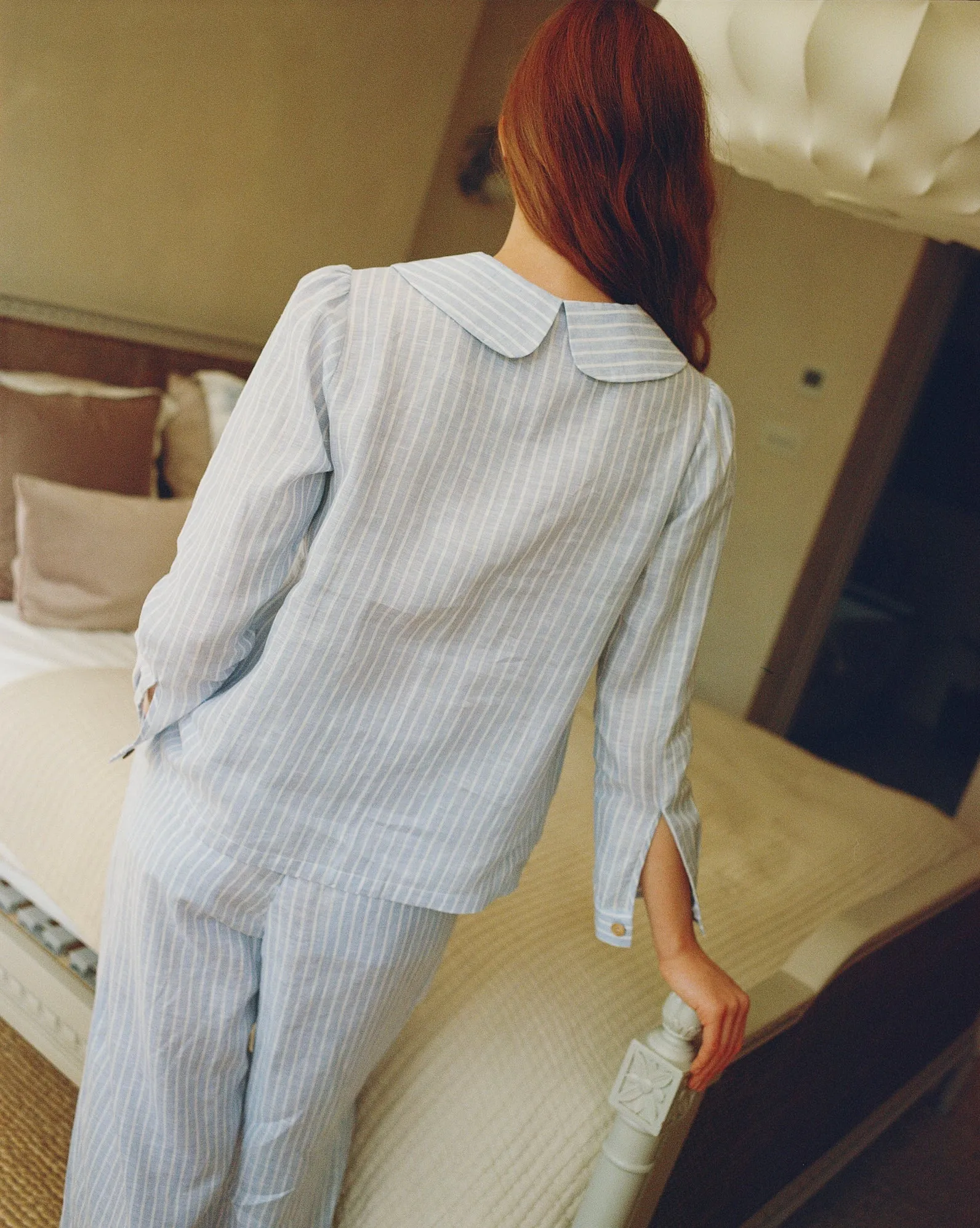 Claudine Linen Blouse in Baby Blue Stripe by Ma   Lin