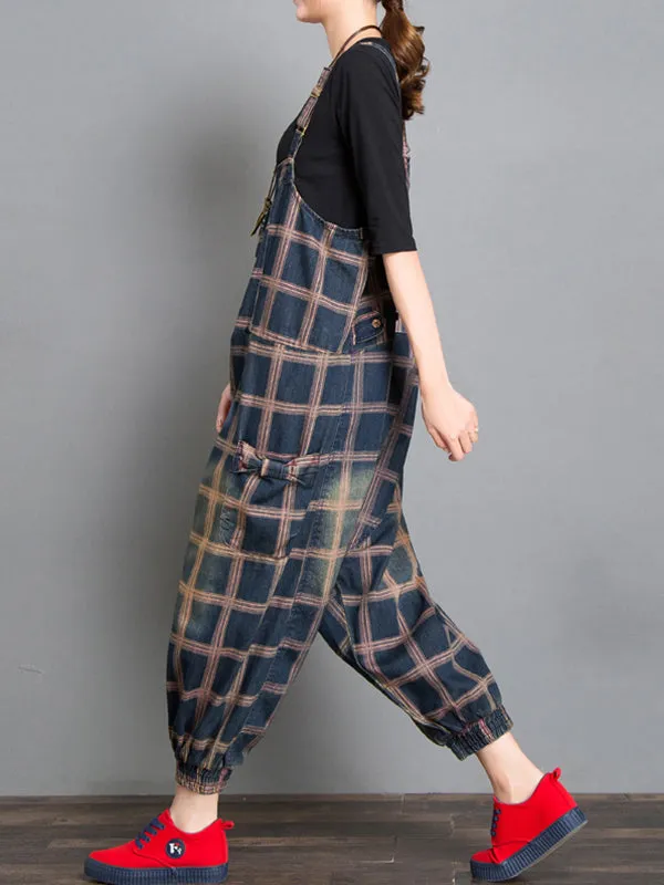 Colleen Denim Harem Overall Dungarees with Plaids Prints