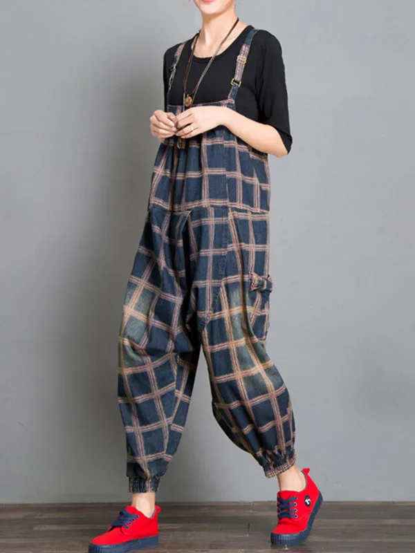 Colleen Denim Harem Overall Dungarees with Plaids Prints