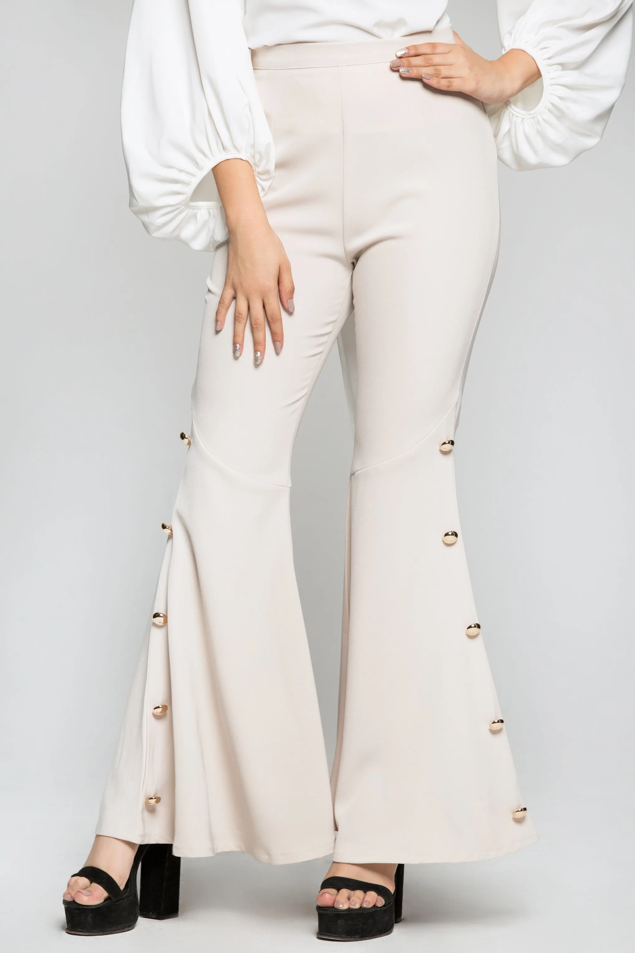 Cream Buttoned Bell Pants