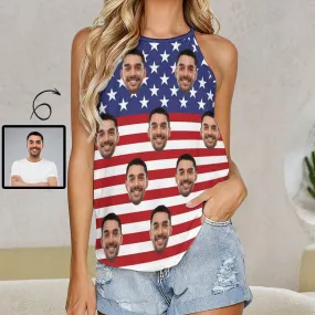 Custom Face Flag Tops Women's Print Halterneck Strapless Vest Loose Top for Independence Day