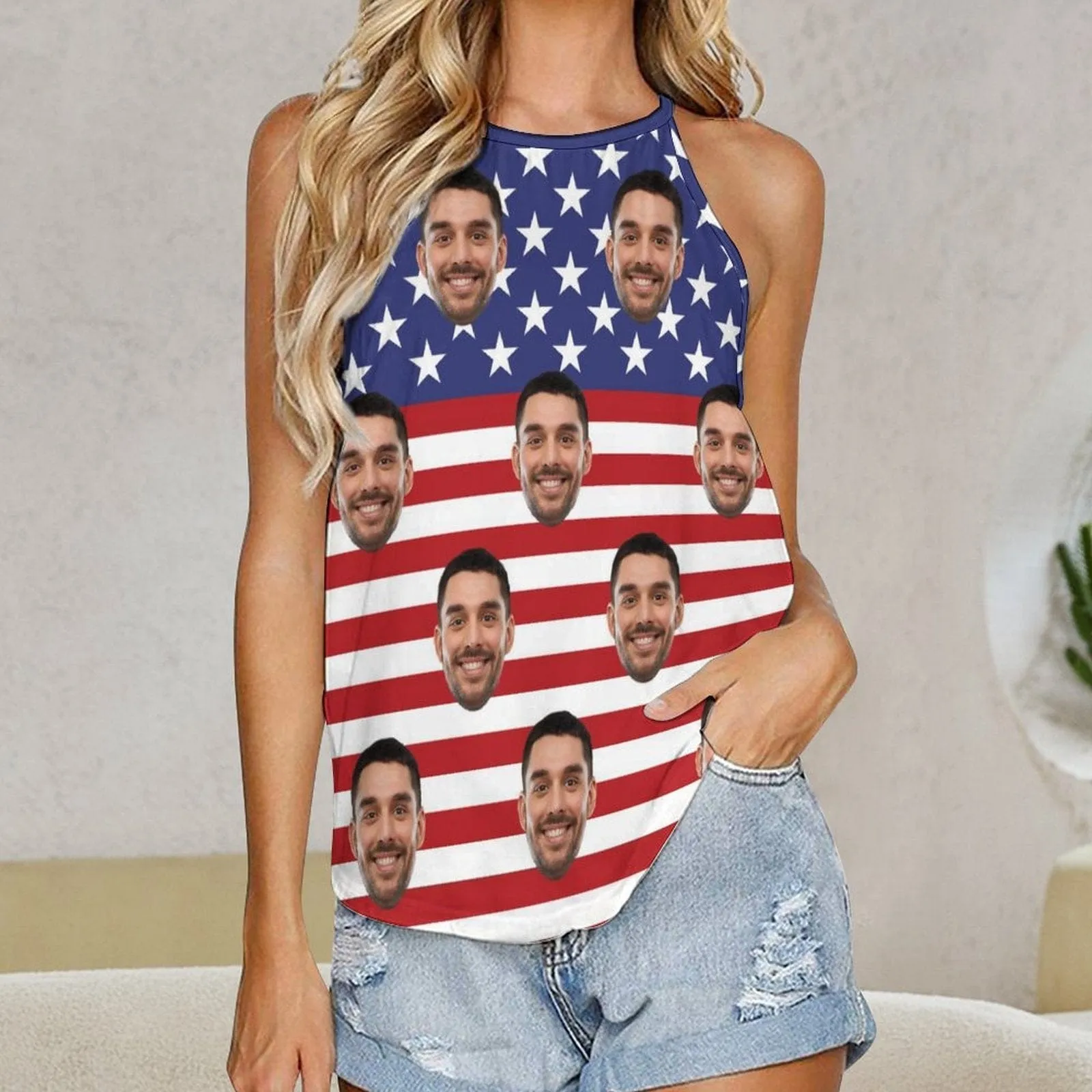 Custom Face Flag Tops Women's Print Halterneck Strapless Vest Loose Top for Independence Day