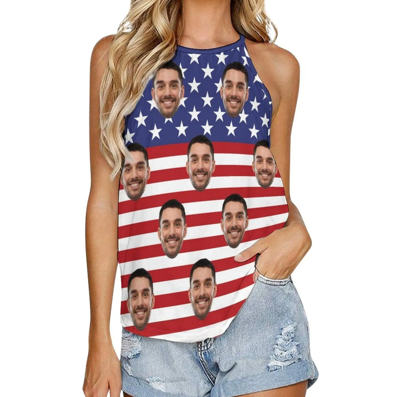 Custom Face Flag Tops Women's Print Halterneck Strapless Vest Loose Top for Independence Day