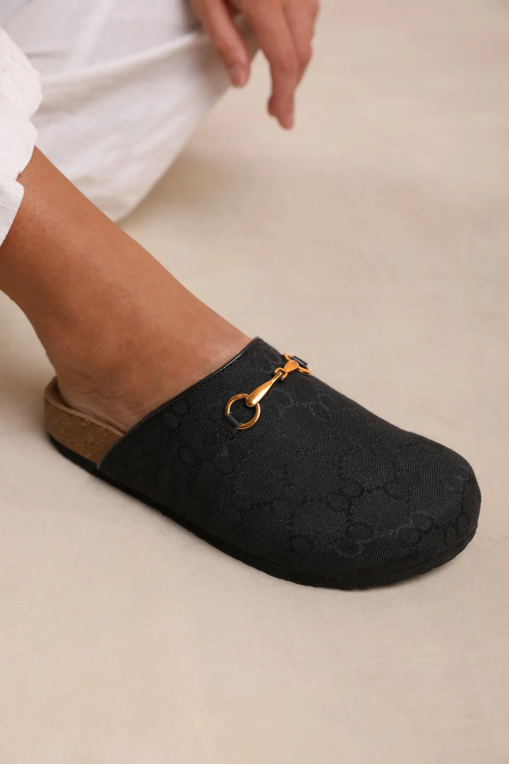 DUBLIN OPEN BACK SLIP ON LOAFER WITH GOLD DETAIL IN BLACK