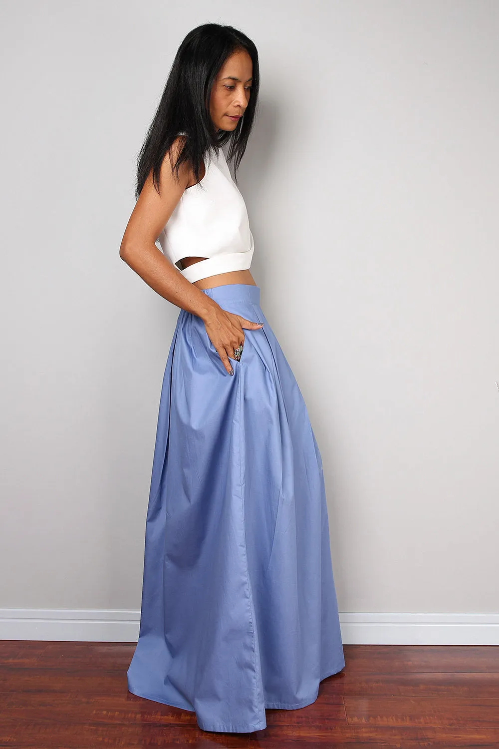 Floor length soft blue maxi skirt