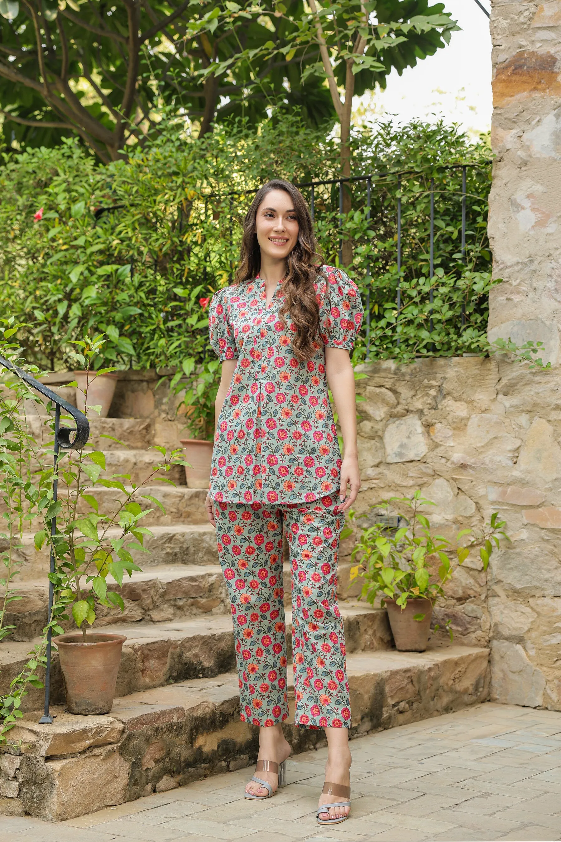 Floral folklore cotton Loungewear Top Set