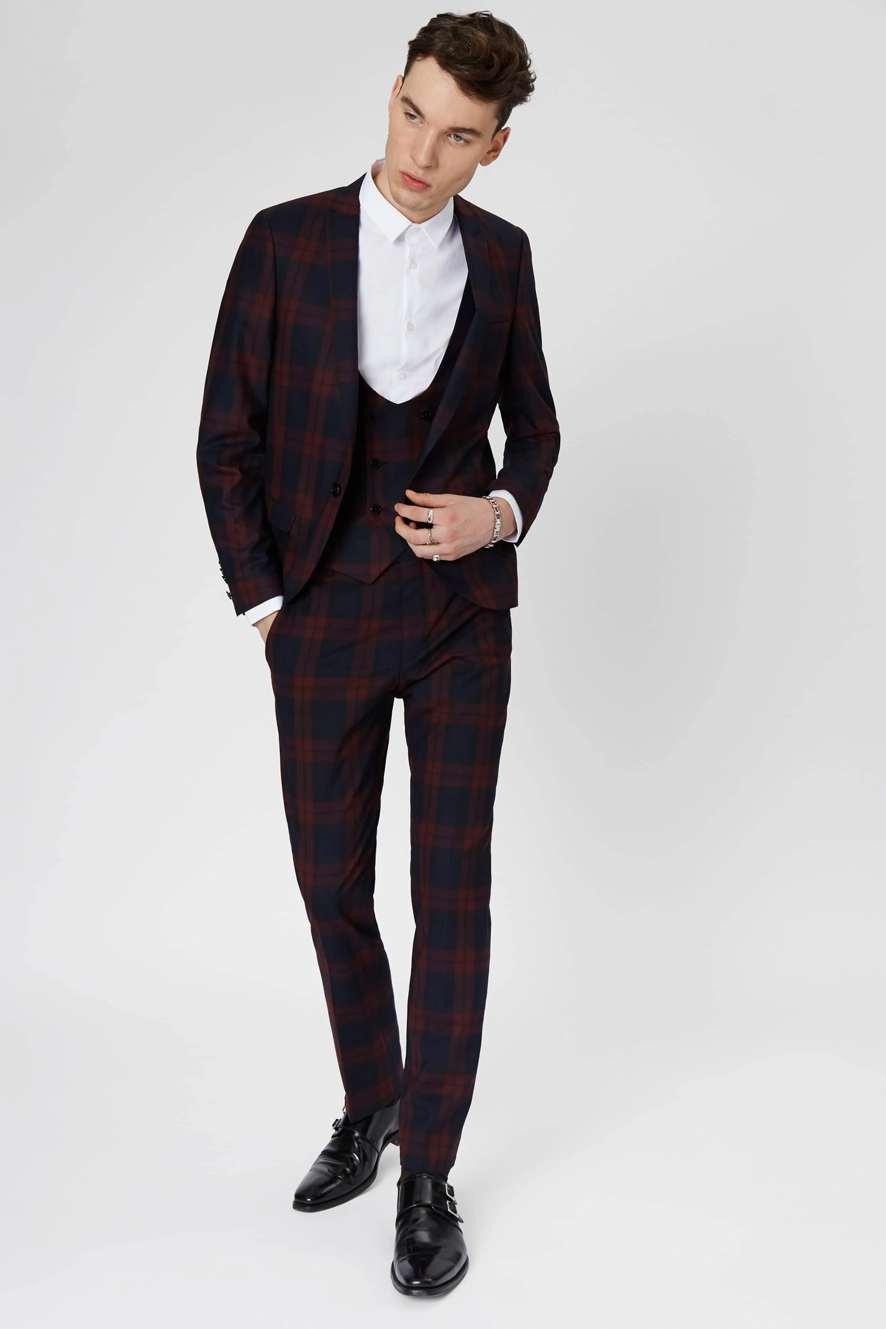 Ginger Skinny Fit Burgundy Tartan Trousers